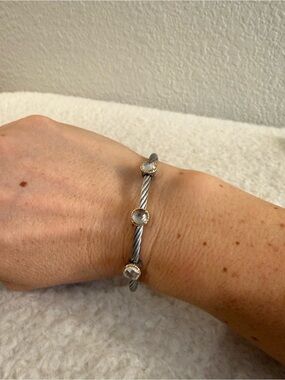 Charriol 3 Station Steel Cable Bangle Bracelet with Faceted White Topaz